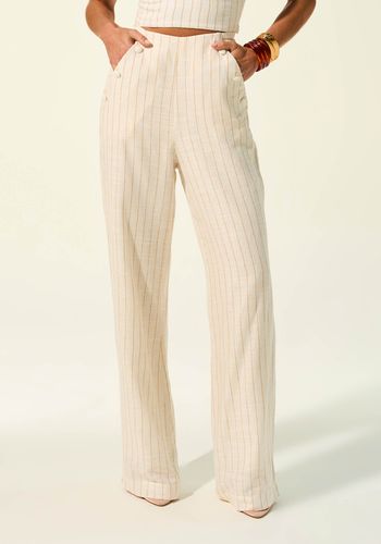 CALÇA EM LINHO LISTRADA AREIA