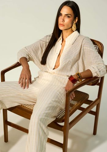 CAMISA EM LINHO LISTRADA AREIA